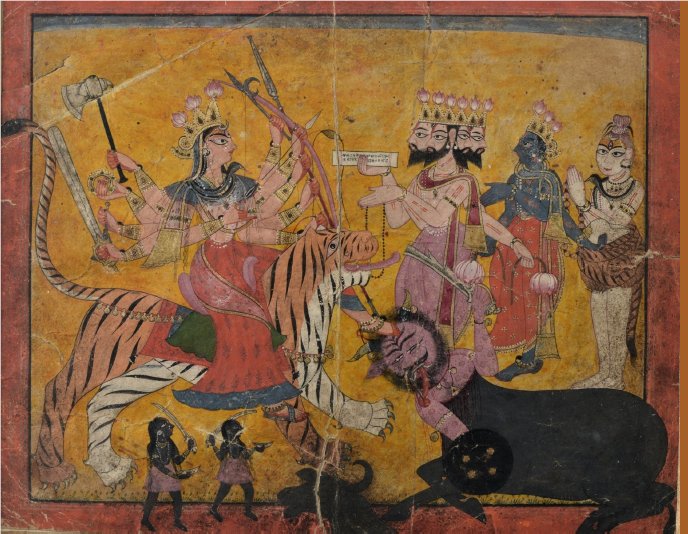 Brahmā, Viṣhṇu and Śhiva pay homage to Durgā -Mahiṣāsuramardinī after her Victory. At National Museum, Delhi.
